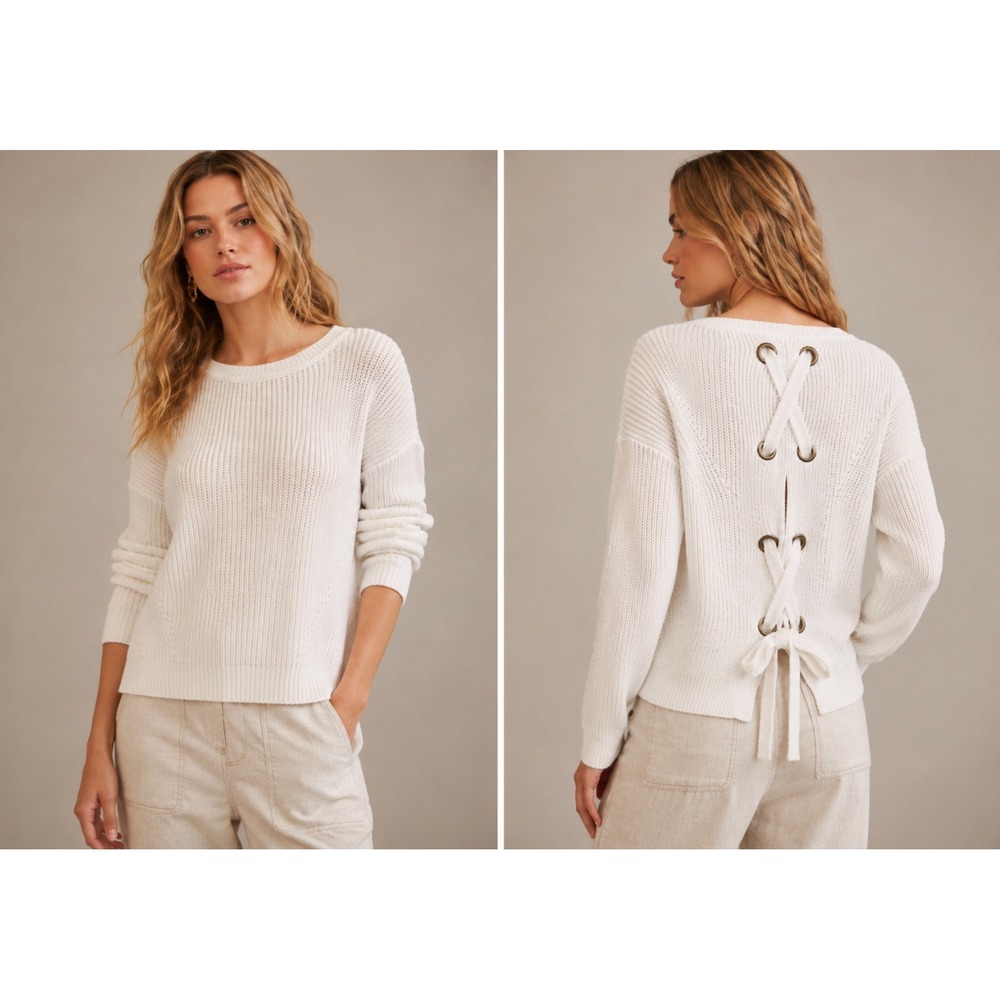 Lucky Brand Sweater Medium White Lace Up Back Grommet Knit Boho Coastal Grandma